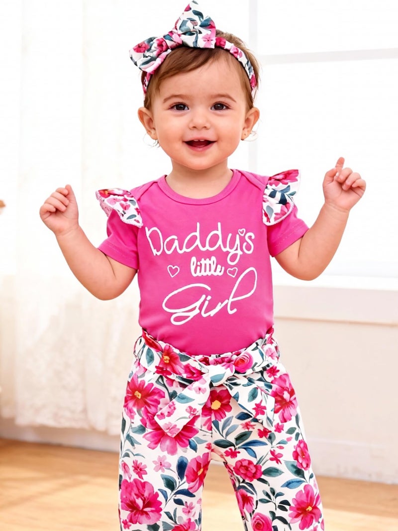 AMAWMW Baby Girl Clothes Set Daddys Little Girl Ruffle Romper Top Floral Pants Newborn Infant Baby Girl Outfit, C-Rose Red, 3-6 Months - Image 2