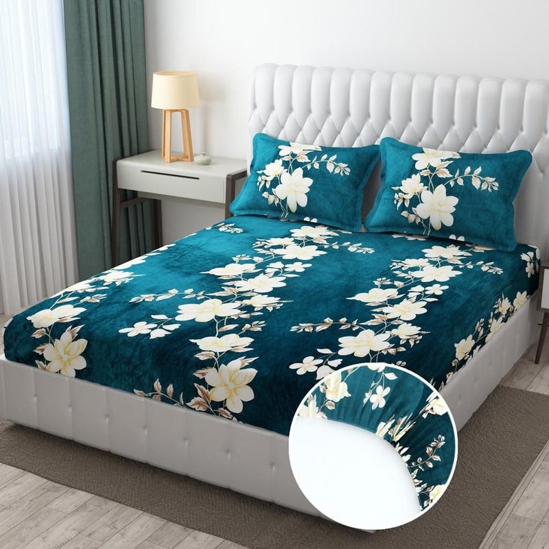 SHOMES SHOMES Presents Luxurious FlannelWarm King Size Elastic Fitted Double Bedsheet Fully Elasticized with 2 Pillow Covers Green  - Image 3
