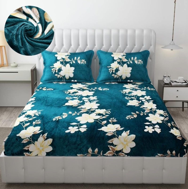 SHOMES SHOMES Presents Luxurious FlannelWarm King Size Elastic Fitted Double Bedsheet Fully Elasticized with 2 Pillow Covers Green  - Image 1