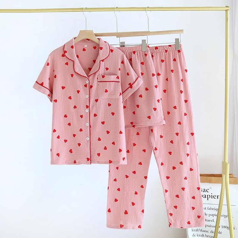 codcm Womens 3pcs Cotton Pajamas Set Short Sleeve Sleepwear Fruit Print Cute Pj Set with Long Pants(Heart Pink,Medium) - Image 3
