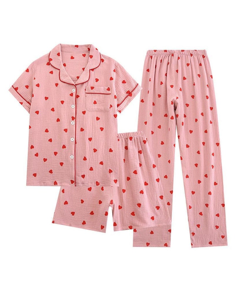 codcm Womens 3pcs Cotton Pajamas Set Short Sleeve Sleepwear Fruit Print Cute Pj Set with Long Pants(Heart Pink,Medium) - Image 1