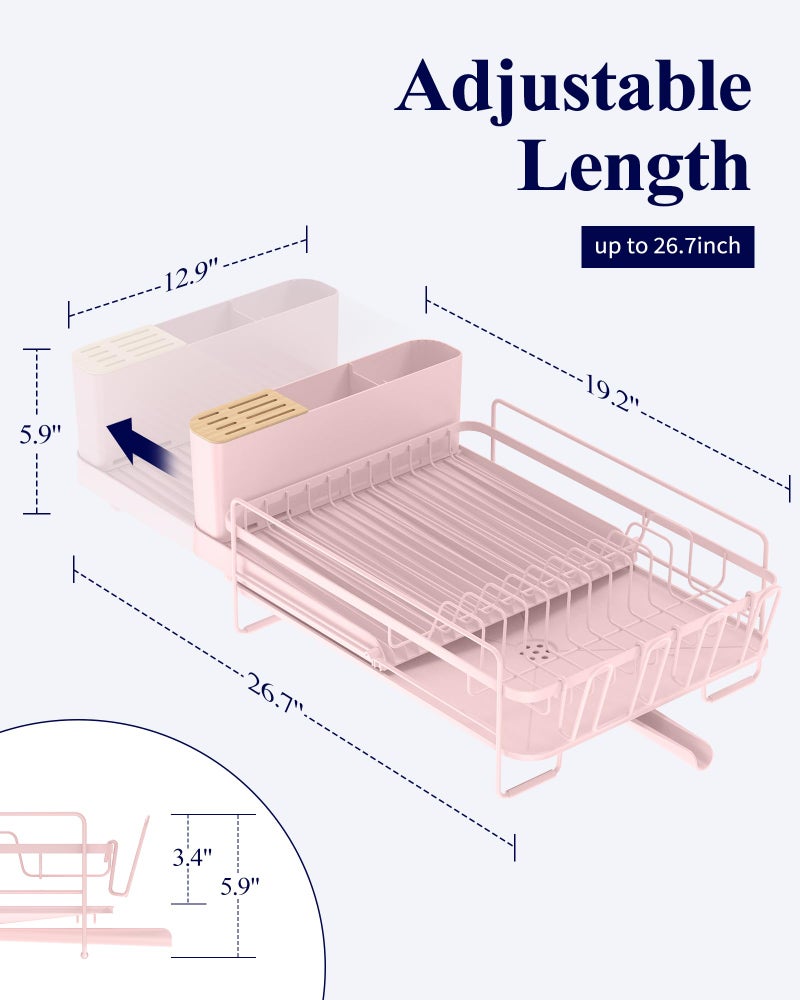 Kitsure Large Dish Drying Rack - Extendable Dish Rack, Multifunctional Dish Rack for Kitchen Counter, Anti-Rust Dish Drainers with Cutlery & Cup Holders 19.2"-26.7" L x 12.9" W, Pink - Image 2