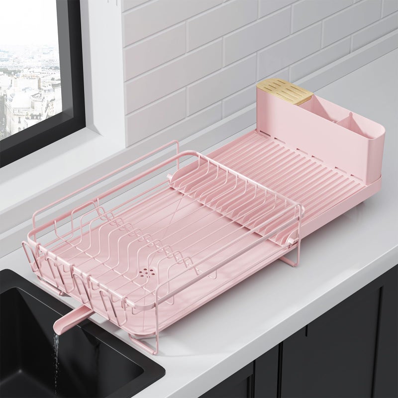 Kitsure Large Dish Drying Rack - Extendable Dish Rack, Multifunctional Dish Rack for Kitchen Counter, Anti-Rust Dish Drainers with Cutlery & Cup Holders 19.2"-26.7" L x 12.9" W, Pink - Image 1