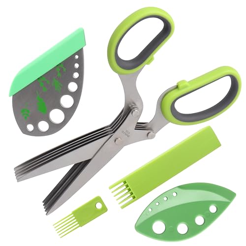 LUVCOSY Herb Scissors, Premium Stainless Steel 5 Blade Kitchen Salad Scissors Dishwasher Safe, Sharp and Convenient 5 Blade with Safety Cover, Herb Stripping Tool and Cleaning Comb - Image 1