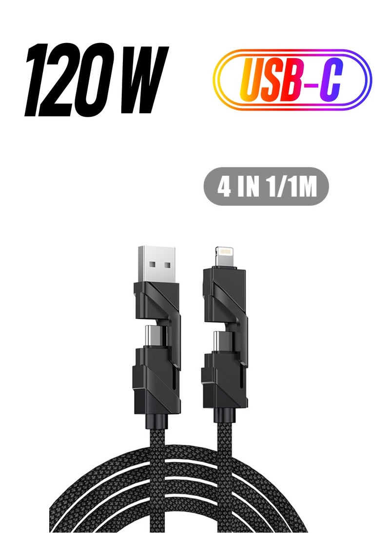 كابل شحن سريع 4 في 1، كابل شاحن عالمي بمنفذ Type-C بطول 1 متر، محول شحن سريع لمزامنة البيانات بقدرة 120 وات متوافق مع الكمبيوتر المحمول/الكمبيوتر اللوحي/الهاتف (أسود) - Image 1