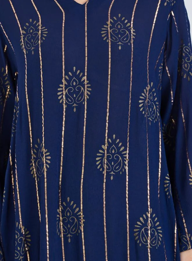 Amirah  Blue Foil Print Lurex Jalabiya for Women | Best Price UAE
