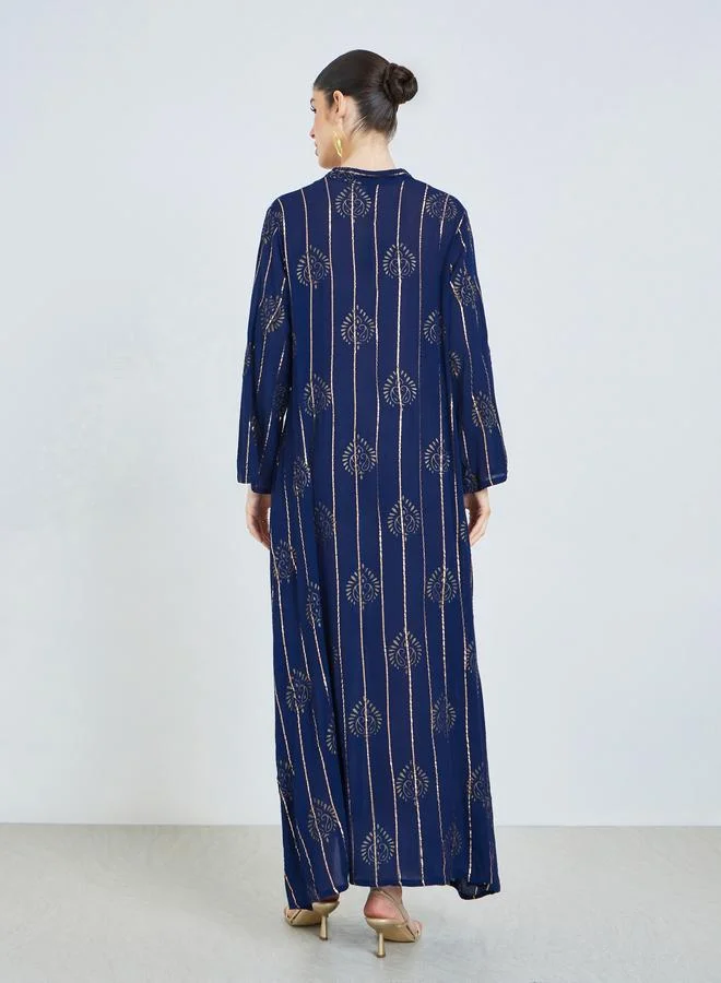 Amirah  Blue Foil Print Lurex Jalabiya for Women | Best Price UAE