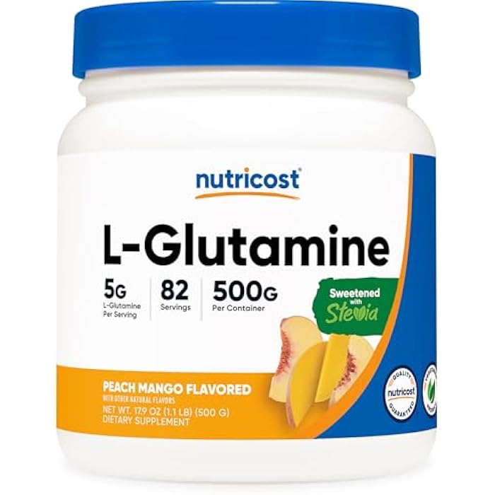 Nutricost L-Glutamine Powder Sweetened with Stevia (500 Grams, Peach Mango) - Supplement for Gut Support, 5 Grams of L-Glutamine Per Serving - Gluten Free, Non-GMO - Image 1