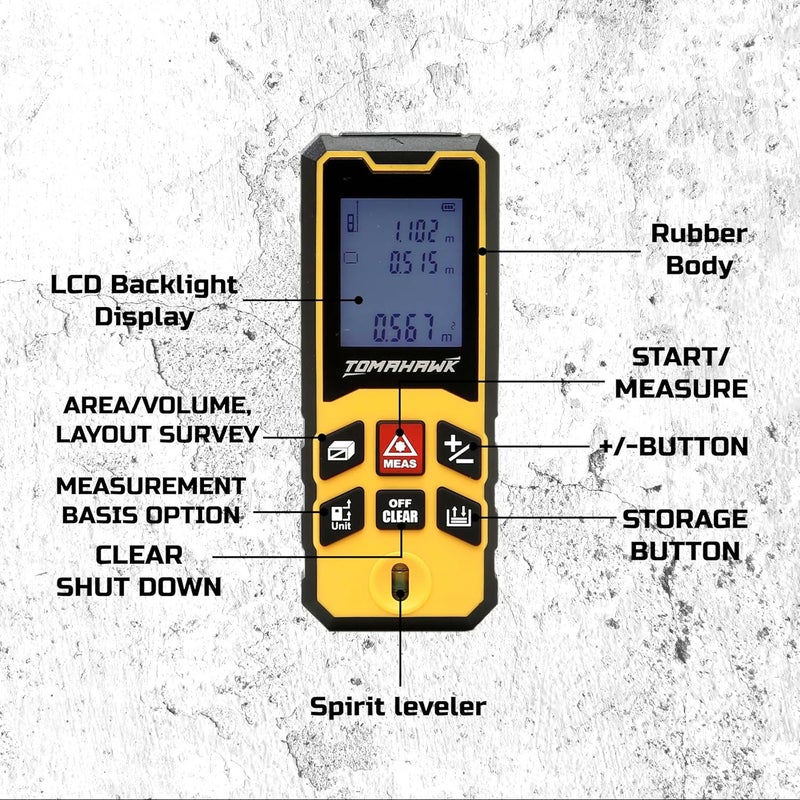 Tomahawk ® TLM-O-40 Laser Distance Meter Measurer 131Ft/40M with Area, Volume and Pythagoras Measurement - Water and Dust Resistant Laser Measuring Device with Backlit LCD, Battery Included - Image 2