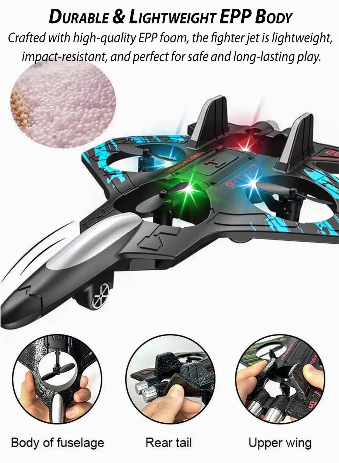 Remote Control Fighter Jet Plane for Kids RC Airplane Mimics Drone Helicopter with 360 Degree Stunts Flying Model Aircraft Aeroplane Toy Quadcopter, Automatic Hover EPP Foam Durable Body, 6 Axis Gyroscope, LED Lights, 100m Range, Rechargeable Battery Easy to Fly for Beginners and Children