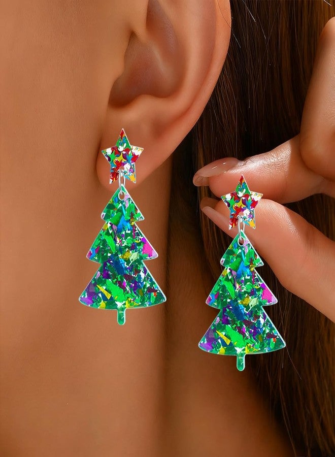 Nanafast Christmas Earrings for Women, Glitter Acrylic Christmas Tree Star Stud Earings, Party Holiday Festive Outfits, Cute Fashion Xmas Gifts for Her-green - Image 2