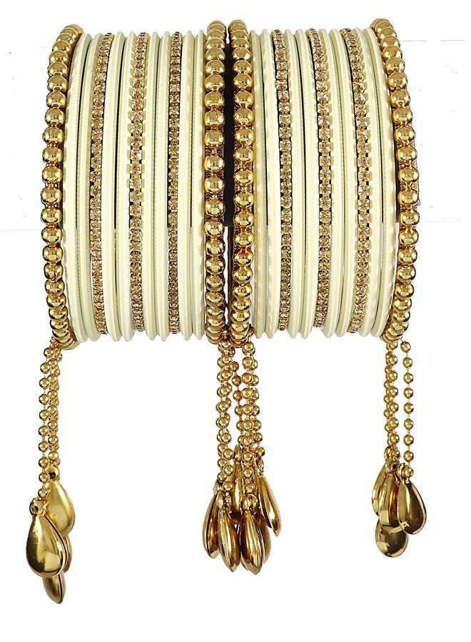 ZULKA Get your traditions Non-Precious Metal Base Metal and Studded with Zircon Gemstone or Ball Chain Linked Kaleere type Latkan Glossy finish Bangle Set For Women/Girls, (Cream_2.8 Inches), Pack Of 26 Bangle Set - Image 1