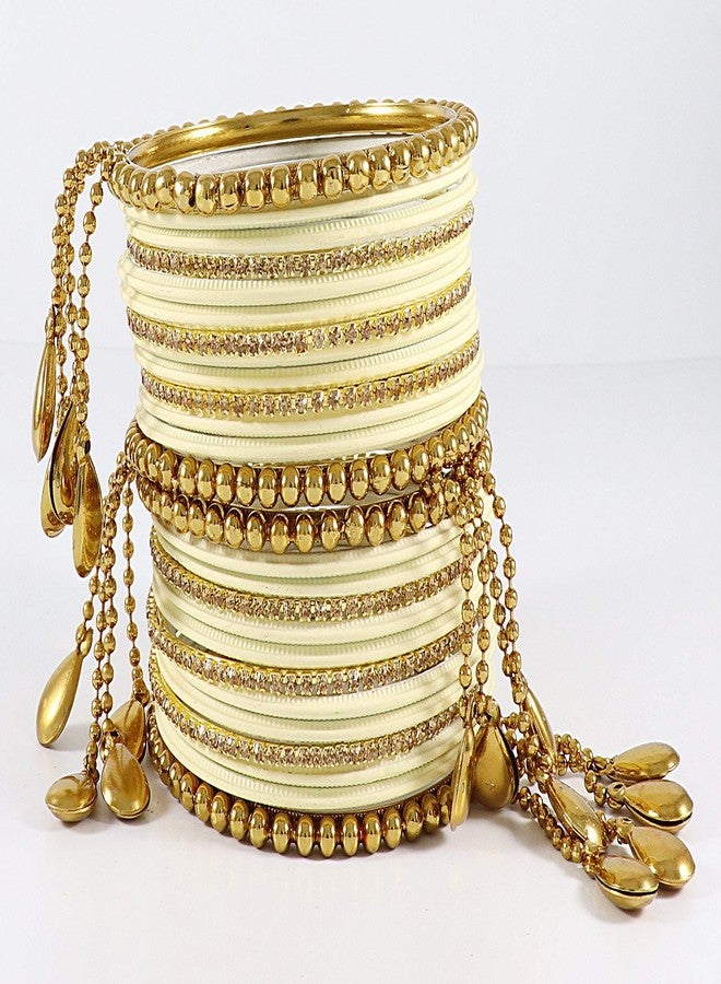 ZULKA Get your traditions Non-Precious Metal Base Metal and Studded with Zircon Gemstone or Ball Chain Linked Kaleere type Latkan Glossy finish Bangle Set For Women/Girls, (Cream_2.8 Inches), Pack Of 26 Bangle Set - Image 2