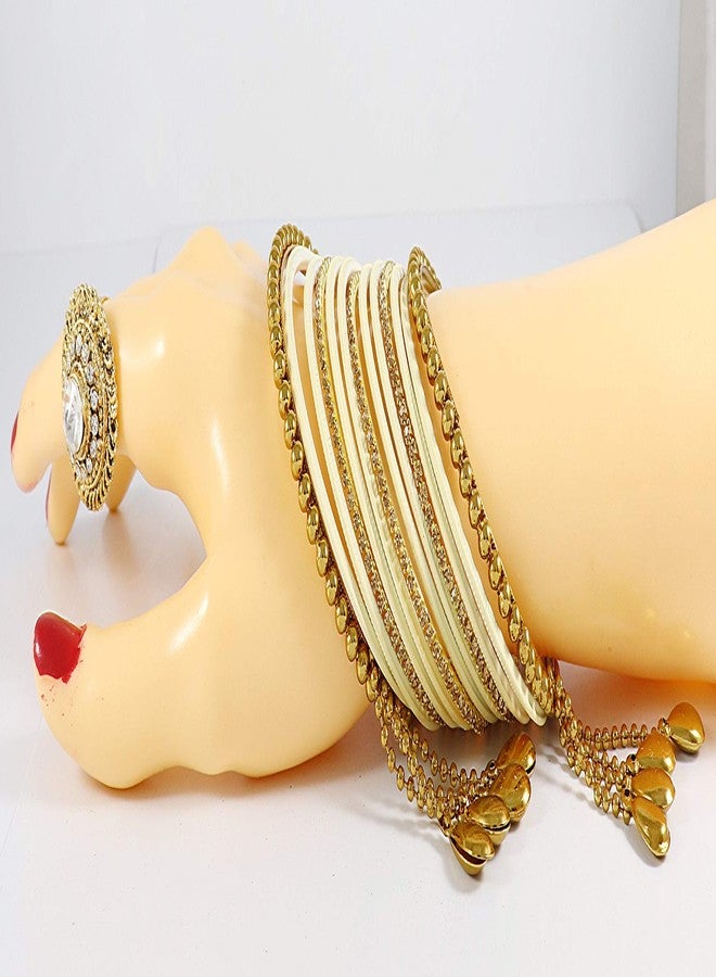 ZULKA Get your traditions Non-Precious Metal Base Metal and Studded with Zircon Gemstone or Ball Chain Linked Kaleere type Latkan Glossy finish Bangle Set For Women/Girls, (Cream_2.8 Inches), Pack Of 26 Bangle Set - Image 3