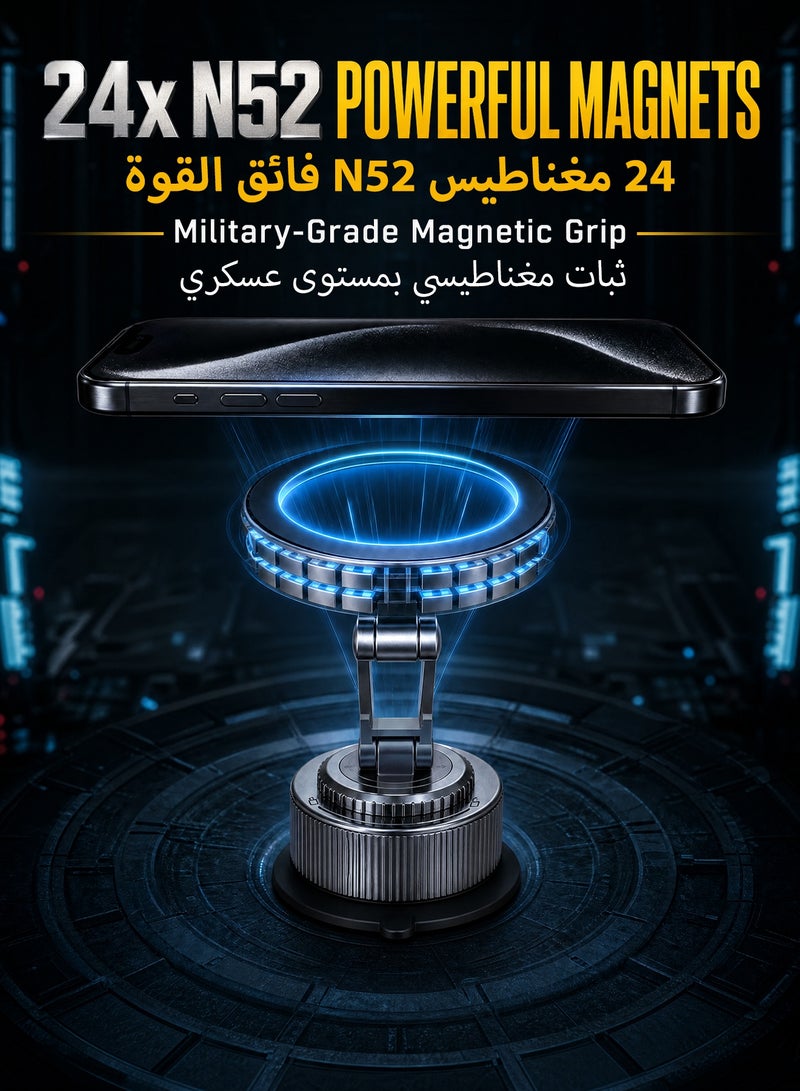 حامل هاتف سيارة مغناطيسي لـ MagSafe، 24 مغناطيس N52 قوي، حامل هاتف بكوب شفط نانو جل فراغي وذراع مزدوج قابل للطي ودوران 360 درجة، قاعدة مقبض بقوة شفط 88 رطلاً، حامل جوال عالمي للتابلوه والزجاج الأمامي والمكتب والمطبخ والحمام والجيم، رمادي مدفعي - Image 5