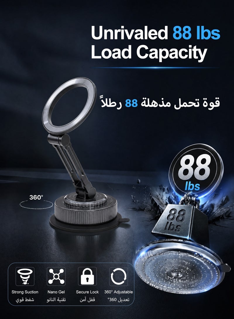 حامل هاتف سيارة مغناطيسي لـ MagSafe، 24 مغناطيس N52 قوي، حامل هاتف بكوب شفط نانو جل فراغي وذراع مزدوج قابل للطي ودوران 360 درجة، قاعدة مقبض بقوة شفط 88 رطلاً، حامل جوال عالمي للتابلوه والزجاج الأمامي والمكتب والمطبخ والحمام والجيم، رمادي مدفعي - Image 3