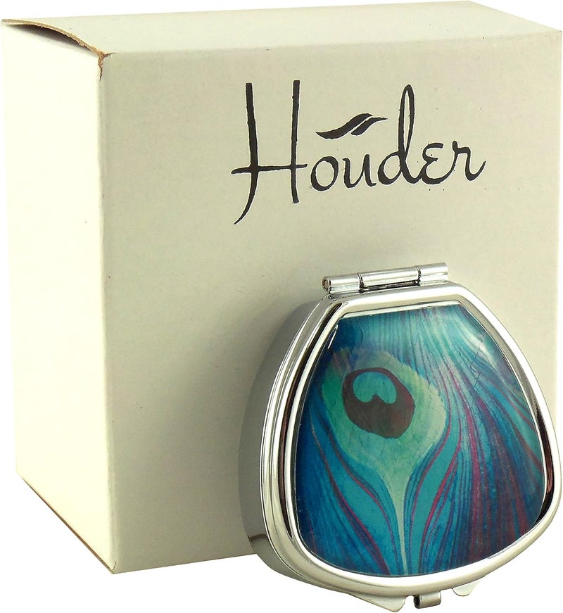 Houder Designer Pill Box - Decorative Pill Case with Gift Box - Carry Your Meds in Style (Peacock Feather)