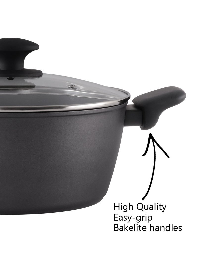 ايست من نون 24 cm Aluminium Non-Stick Casserole with Tempered Glass Lid, Ergonomic Plastic Handles, Dishwasher Safe, Suitable for Gas, Electric, and Ceramic Stoves, PTFE/PFOA-Free - Black - Image 2