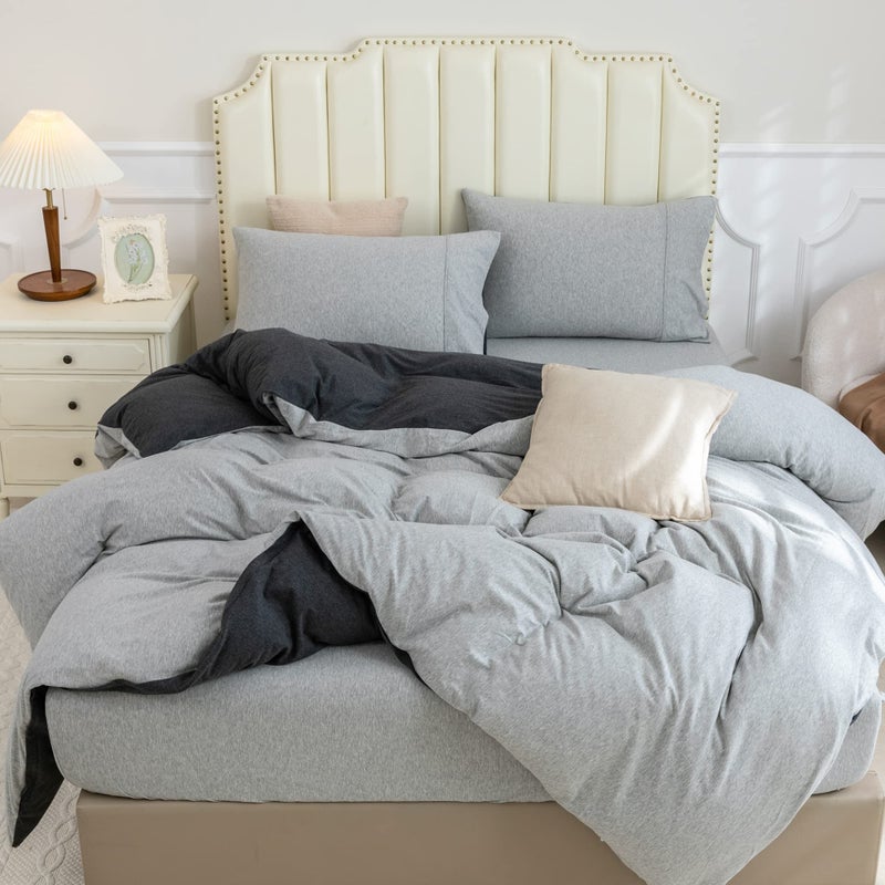 PURE ERA Jersey Knit Duvet Cover Set 100% T-Shirt Cotton Super Soft Comfy 3pc Bedding Set with Zipper Closure (Heather Charcoal Grey/Grey, Queen) - Image 3