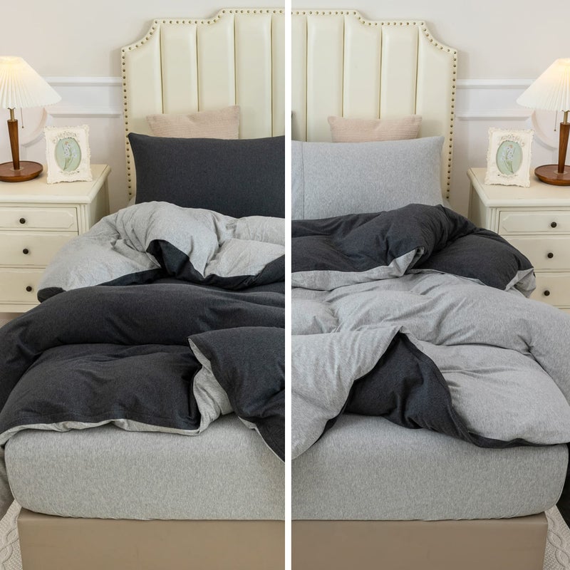 PURE ERA Jersey Knit Duvet Cover Set 100% T-Shirt Cotton Super Soft Comfy 3pc Bedding Set with Zipper Closure (Heather Charcoal Grey/Grey, Queen) - Image 5