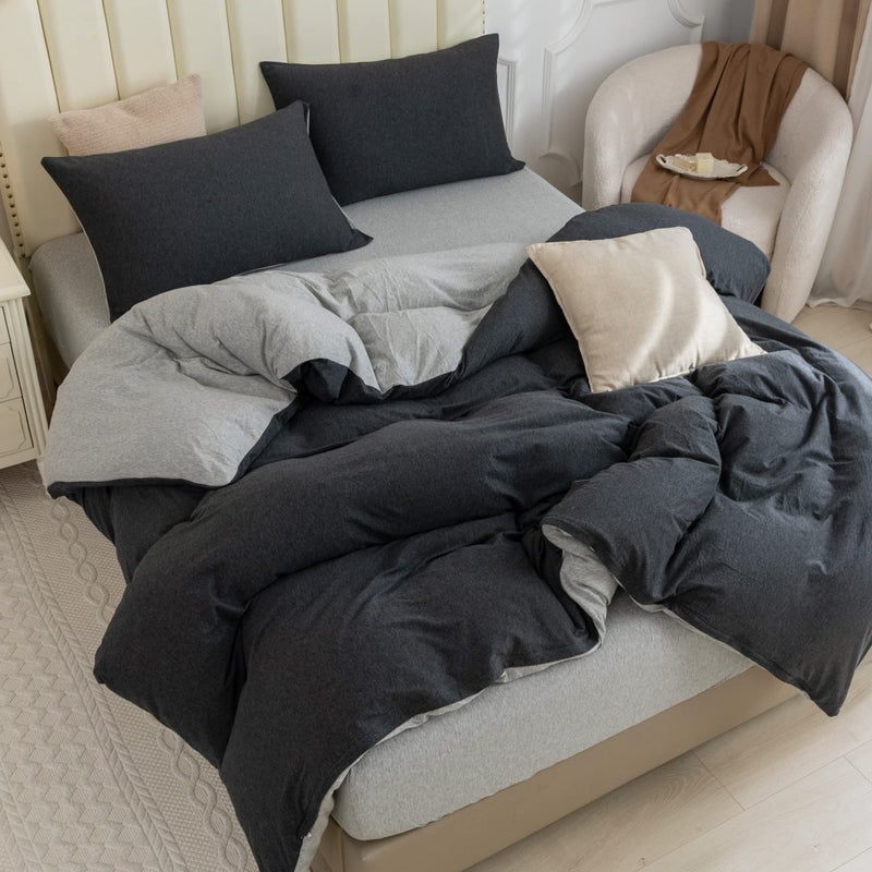 PURE ERA Jersey Knit Duvet Cover Set 100% T-Shirt Cotton Super Soft Comfy 3pc Bedding Set with Zipper Closure (Heather Charcoal Grey/Grey, Queen) - Image 1