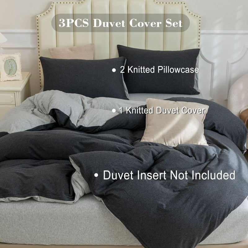 PURE ERA Jersey Knit Duvet Cover Set 100% T-Shirt Cotton Super Soft Comfy 3pc Bedding Set with Zipper Closure (Heather Charcoal Grey/Grey, Queen) - Image 2
