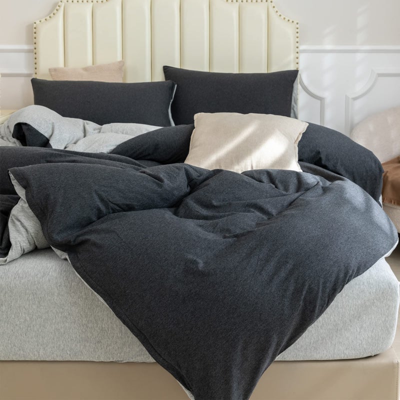 PURE ERA Jersey Knit Duvet Cover Set 100% T-Shirt Cotton Super Soft Comfy 3pc Bedding Set with Zipper Closure (Heather Charcoal Grey/Grey, Queen) - Image 4