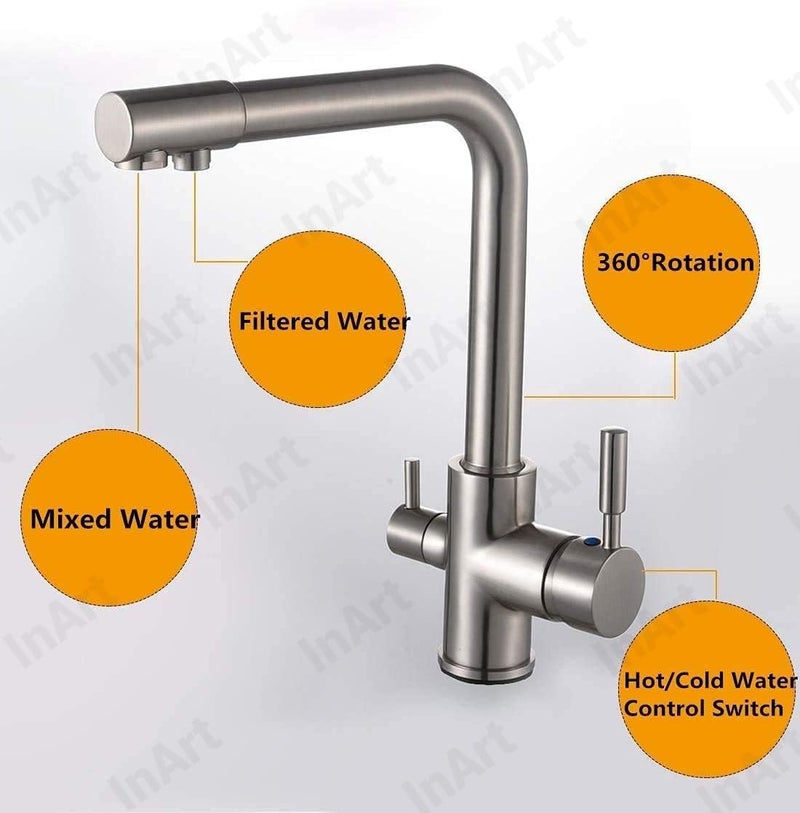 InArt Brass Kitchen Sink Faucet – 360° Swivel Spout, 3-Way Water Filter, Dual Lever, Deck Mounted, Stylish Brushed Chrome - Image 5