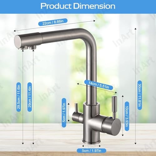 InArt Brass Kitchen Sink Faucet – 360° Swivel Spout, 3-Way Water Filter, Dual Lever, Deck Mounted, Stylish Brushed Chrome - Image 2