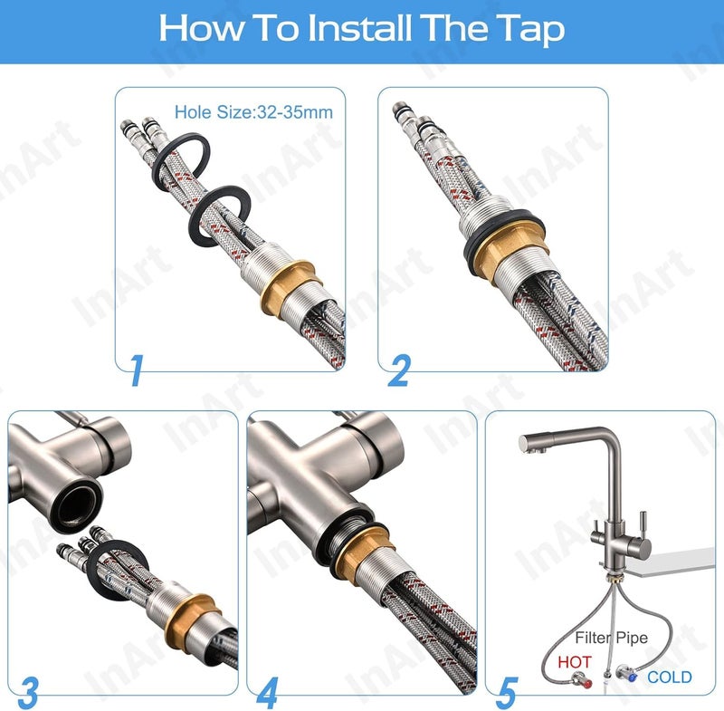 InArt Brass Kitchen Sink Faucet – 360° Swivel Spout, 3-Way Water Filter, Dual Lever, Deck Mounted, Stylish Brushed Chrome - Image 3