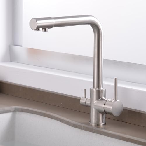 InArt Brass Kitchen Sink Faucet – 360° Swivel Spout, 3-Way Water Filter, Dual Lever, Deck Mounted, Stylish Brushed Chrome - Image 1