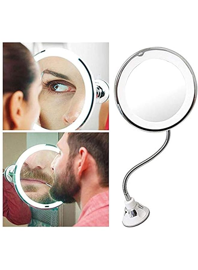 The Bros 360 Rotation Flexible Gooseneck 10x Magnifying LED Lighted Bathroom Makeup Shaving Mirror Adjustable Bendable Gooseneck- Silver - Image 1
