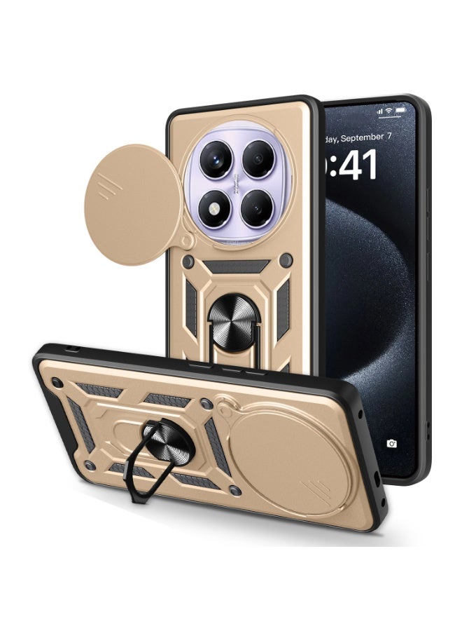 Shunjia Sliding Window Case, Shockproof Rugged Armor with Sliding Camera Cover & 360° Ring Kickstand, Compatible with Xiaomi Redmi Note 14 Pro+ (Gold)