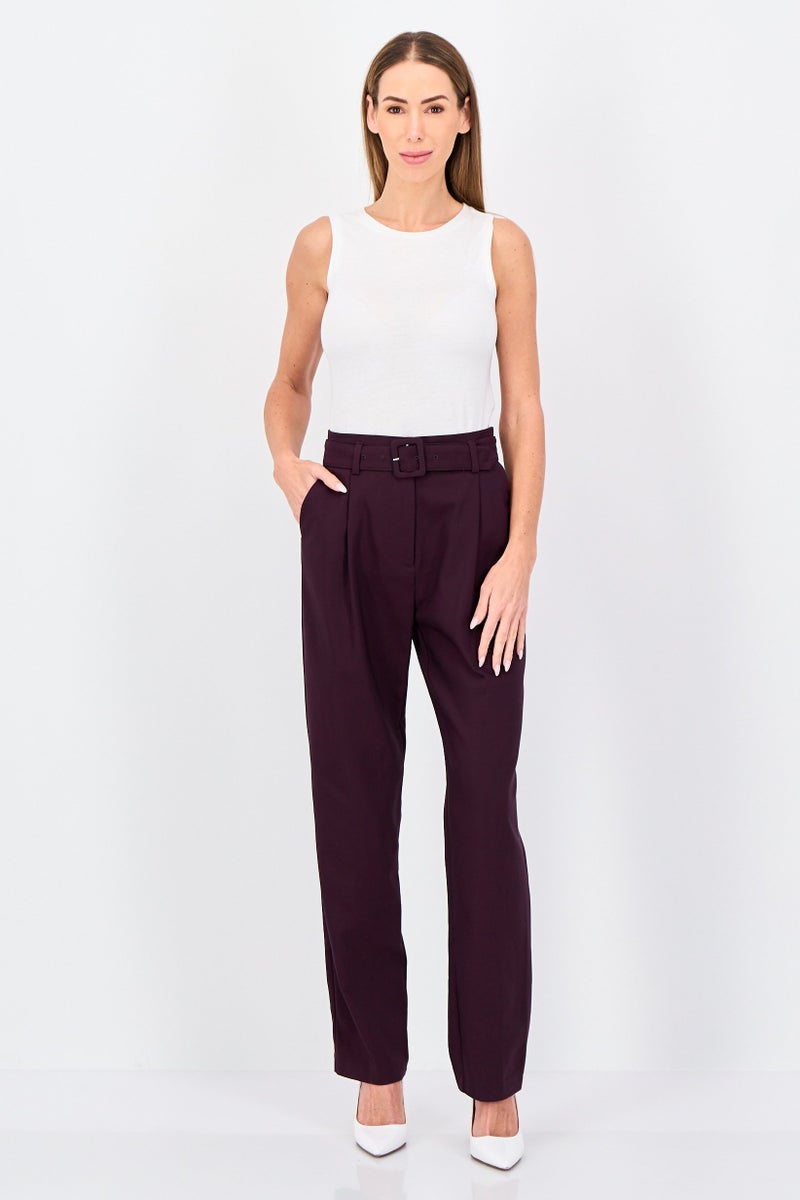 promod Women Regular Fit Plain Belted Straight Pants, Purple - Image 2