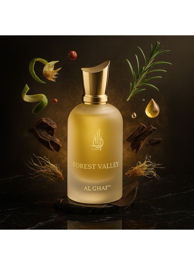 الغاف عطر الغاف فورست فالي أو دو بارفان 100 مل – ثبات طويل، عطر فاخر للجنسين بنفحات البرغموت والعود والفيتيفر، هدية راقية للرجال والنساء الباحثين عن روائح أنيقة - Image 1