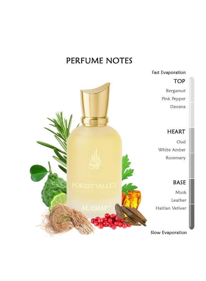 الغاف عطر الغاف فورست فالي أو دو بارفان 100 مل – ثبات طويل، عطر فاخر للجنسين بنفحات البرغموت والعود والفيتيفر، هدية راقية للرجال والنساء الباحثين عن روائح أنيقة - Image 4