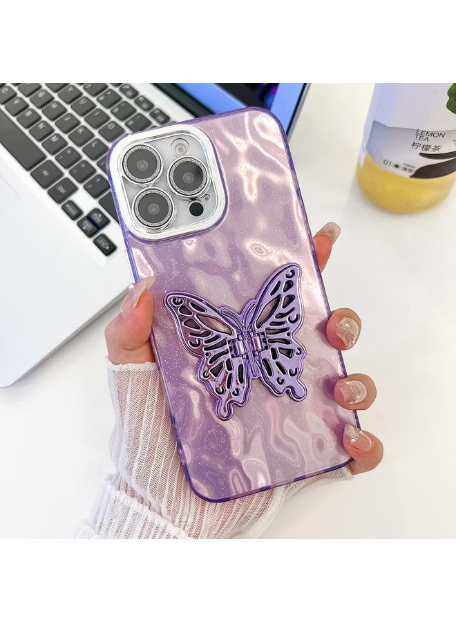 S-TOP Case For iPhone 16 Pro Max Plating Glitter Texture Butterfly Holder TPU Phone Case with Lens Film - Image 1