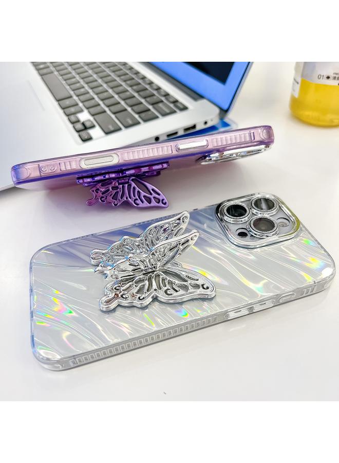 S-TOP Case For iPhone 16 Pro Max Plating Glitter Texture Butterfly Holder TPU Phone Case with Lens Film - Image 2