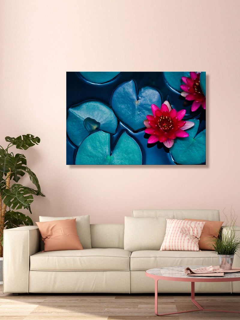 999STORE 999Store Wooden Stretched Framed paintings for living room wall painting bedroom Wall art dcor with frames Pink Lotus and Green Leaves canvas modern stylish home hanging Canvas 24X36 Inches Strectched Canvas FLP24360040 