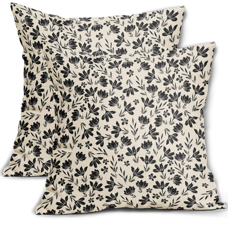 Aytipun Black Floral Pillow Covers 18x18 Set of 2 Vintage Rustic Old Style Cute Small FlowerBlack Cream Print Decorative Outdoor Pillowcases Farmhouse Throw Cushion Case Decor for Couch Sofa Bed - Image 1