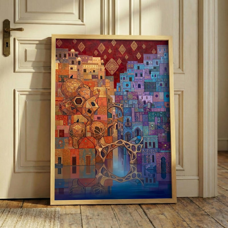 TNESSENTIAL Fantasy Cityscape Print – Bohemian Cat Wall Art, Surreal Architecture Decor, Abstract Town Poster, Moroccan City Art, Magical Cat Print - Image 1