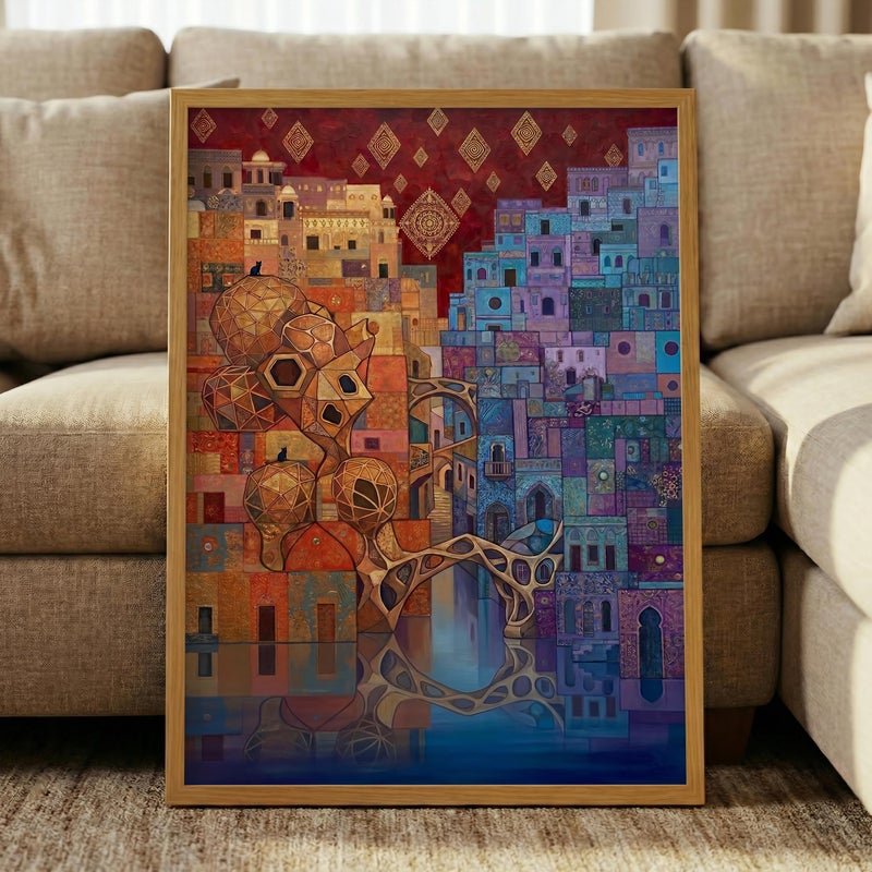 TNESSENTIAL Fantasy Cityscape Print – Bohemian Cat Wall Art, Surreal Architecture Decor, Abstract Town Poster, Moroccan City Art, Magical Cat Print - Image 5