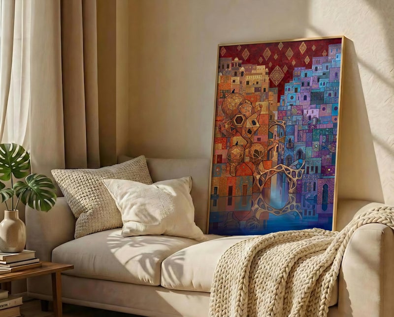 TNESSENTIAL Fantasy Cityscape Print – Bohemian Cat Wall Art, Surreal Architecture Decor, Abstract Town Poster, Moroccan City Art, Magical Cat Print - Image 3