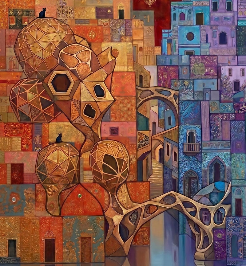 TNESSENTIAL Fantasy Cityscape Print – Bohemian Cat Wall Art, Surreal Architecture Decor, Abstract Town Poster, Moroccan City Art, Magical Cat Print - Image 2