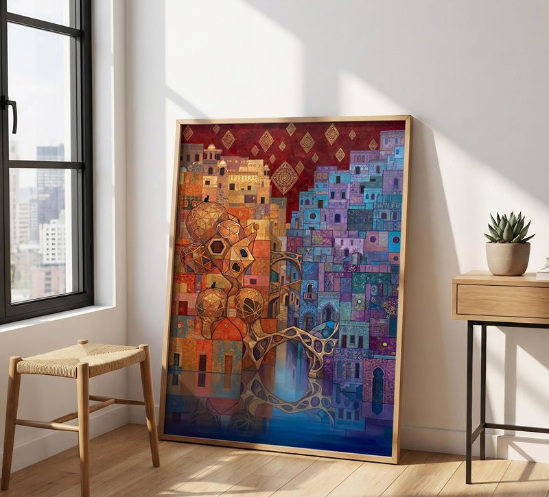 TNESSENTIAL Fantasy Cityscape Print – Bohemian Cat Wall Art, Surreal Architecture Decor, Abstract Town Poster, Moroccan City Art, Magical Cat Print - Image 4