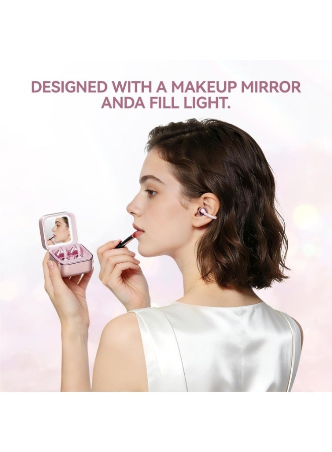 caijin Clip-on earbuds, open-back wireless Bluetooth 6.0 headphones, with a makeup mirror and LED light, 48-hour battery life, IPX6 waterproof rating, comfortable to wear, suitable for all-day use, ideal for women, makes a great gift, perfect for sports and fitness (Rose Gold). - Image 2