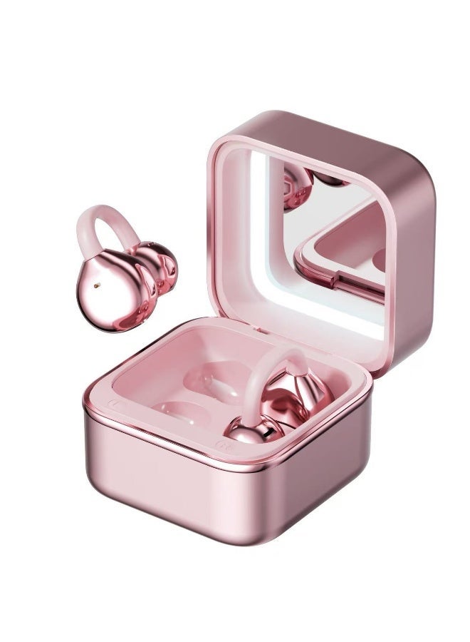 caijin Clip-on earbuds, open-back wireless Bluetooth 6.0 headphones, with a makeup mirror and LED light, 48-hour battery life, IPX6 waterproof rating, comfortable to wear, suitable for all-day use, ideal for women, makes a great gift, perfect for sports and fitness (Rose Gold). - Image 1