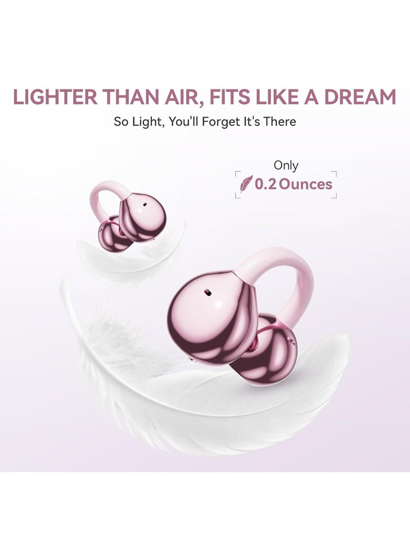 caijin Clip-on earbuds, open-back wireless Bluetooth 6.0 headphones, with a makeup mirror and LED light, 48-hour battery life, IPX6 waterproof rating, comfortable to wear, suitable for all-day use, ideal for women, makes a great gift, perfect for sports and fitness (Rose Gold). - Image 3
