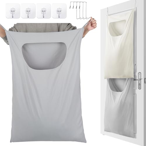 Wovnet 2 Pcs Large Hanging Laundry Hamper Bag 28 x 35 in Over The Door Hamper Space Saving Hanging Laundry Bag Basket with Hooks for Wall Dirty Clothes Storage RV Room, 2 Color - Image 1