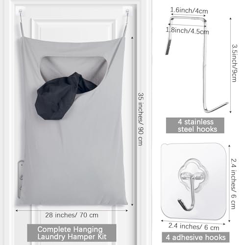 Wovnet 2 Pcs Large Hanging Laundry Hamper Bag 28 x 35 in Over The Door Hamper Space Saving Hanging Laundry Bag Basket with Hooks for Wall Dirty Clothes Storage RV Room, 2 Color - Image 2